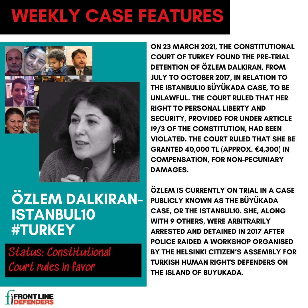 FrontLineHRD's tweet photo. #WeeklyCaseFeatures
In the #Istanbul10 case, the Constitutional Court of #Turkey ruled in favor of Özlem Dalkiran and compensated her for damages to the amount of 40 000 TL.
https://t.co/SOLPrNwYBz https://t.co/NIXxhF936z
