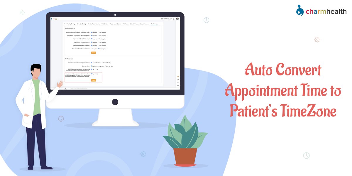 charmhealth's tweet photo. Are you consulting patients across multiple time zones in the US and like to show the appointment time in the notification Emails/Text Messages as per patients' time zone? Here we have an option for you - https://t.co/aprDn87Yqi
#TimeZoneSettings #AutoConvert #Whatsnew #ChARMEHR https://t.co/VRw1srCaFs