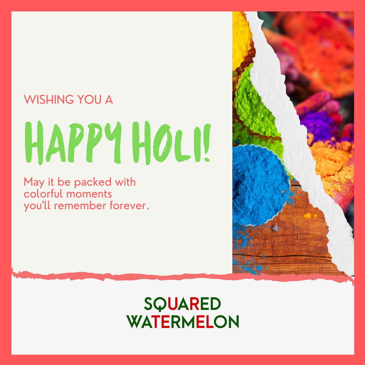sqdwatermelon's tweet photo. Wish you a happy, colourful and joyous Holi!
#HappyHoli #Holi #SquaredWatermelon #festive #happy #joy #festival #colour #equality #bekind https://t.co/5HDz4sYPwK