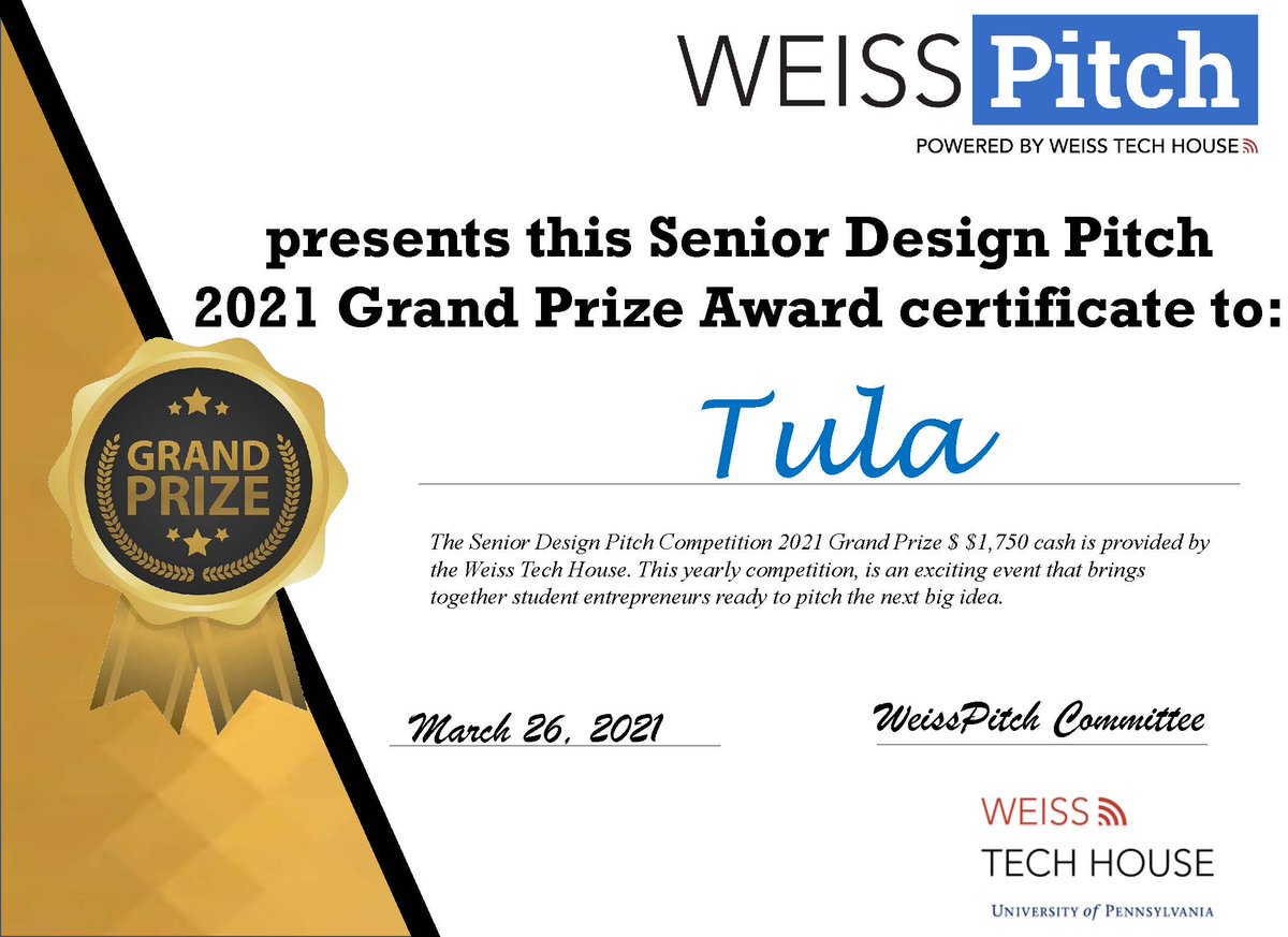 PennBElabs's tweet photo. Congratulations to our Senior Design team, Tula, for winning the Grand Prize in the Senior Design Pitch Competition by @WeissTechHouse! Great work!
#PennBElabs #PennEngineering #PennBioengineering #biomedicalengineering #bioengineering #MakerSpace #BioMakerSpace https://t.co/ramCaH5e0R