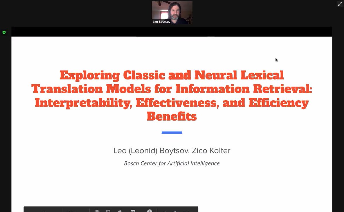 2021Ecir's tweet photo. @2021ecir Exploring Classic and Neural Lexical Translation Models: #Interpretability, #Effectiveness, and #Efficiency Benefits. Speaker Leo Boytsov @srchvrs
Now on #Session3A NeuralIR
Chair Fabrizio Silvestri @fabreetseo
#ECIR2021 https://t.co/jXkbHleIG7