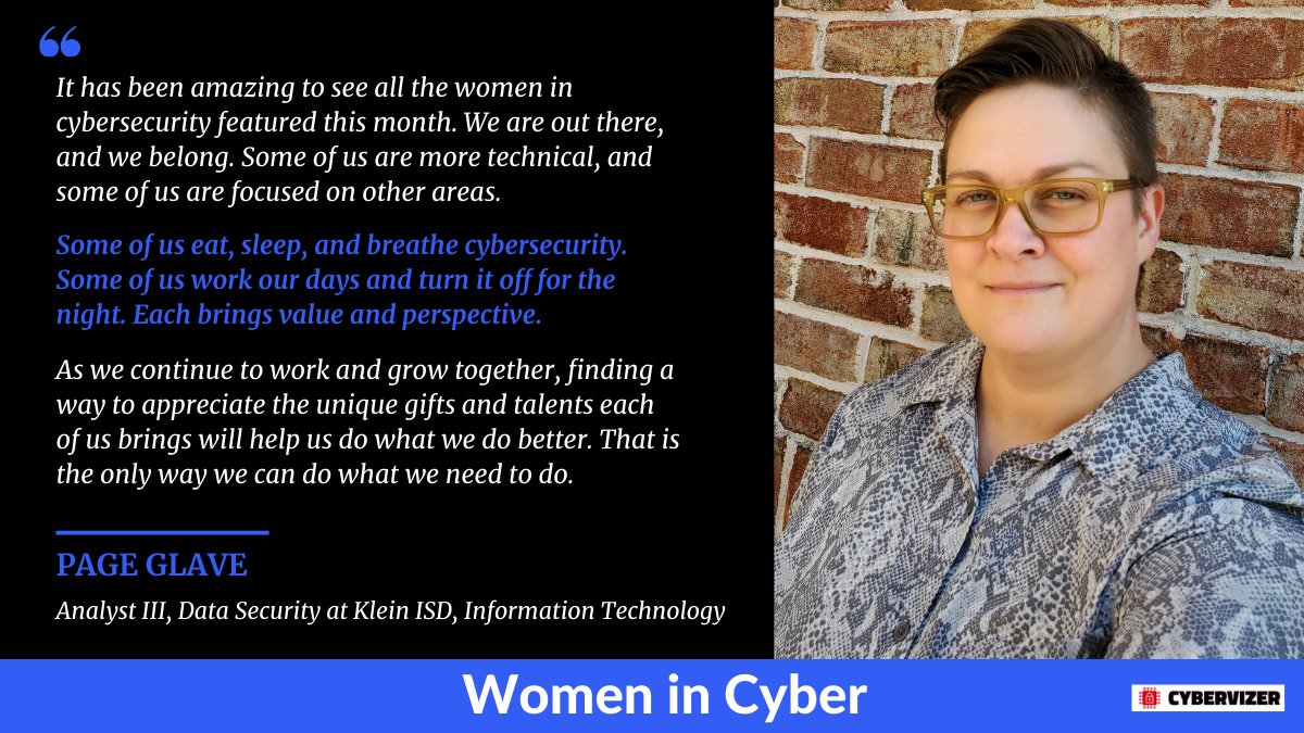 mclynd's tweet image. Today&apos;s #WomeninCyber is Page Glave @pageinsec, an accomplished #cybersecurity professional at Klein ISD. #Diversity 🙌  buff.ly/3puHuzp

@KarmenINTL @digitalcloudgal @domyboo @tgravel @NetsyncNews @psb_dc @CarlaPlummer2 @thecybertea @marigalloway @melpre2010 @KleinISD