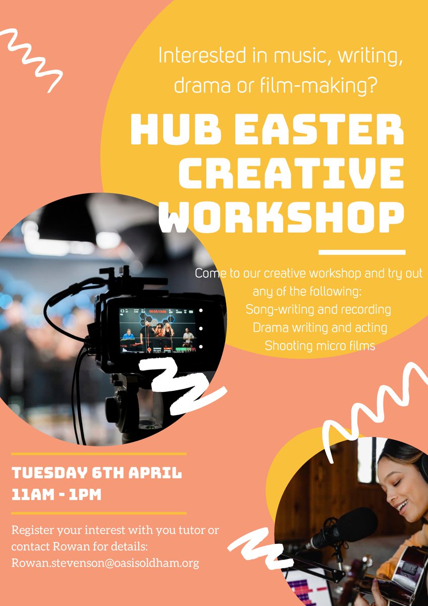 OldhamOasis's tweet photo. The Hub will be hosting an Easter workshop on the 6th April, from 11am โ 1pm. The workshop will be an introduction to the following:
โขSong-writing + recording
โขDrama writing
โขShooting micro films
@OasisHubOldham #comeandjoinin #creatingacommunityofchoicesandchances https://t.co/LqnWzjRhLg