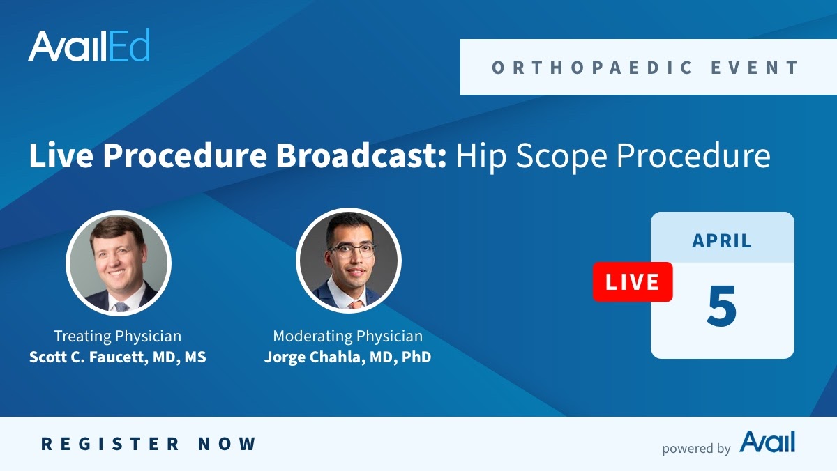 AvailMedsystems's tweet photo. WATCH LIVE: Orthopaedic Surgeon @scottfaucettmd, performs a Hip Scope procedure moderated by Dr. @jachahla. This event will be streamed via the Avail #ProceduralTelemedicine System.
Register today! ➡️ https://t.co/qqPzh2wrEj
#orthopaedics #orthopedicsurgery #remoteeducation https://t.co/qbWra9DzmU