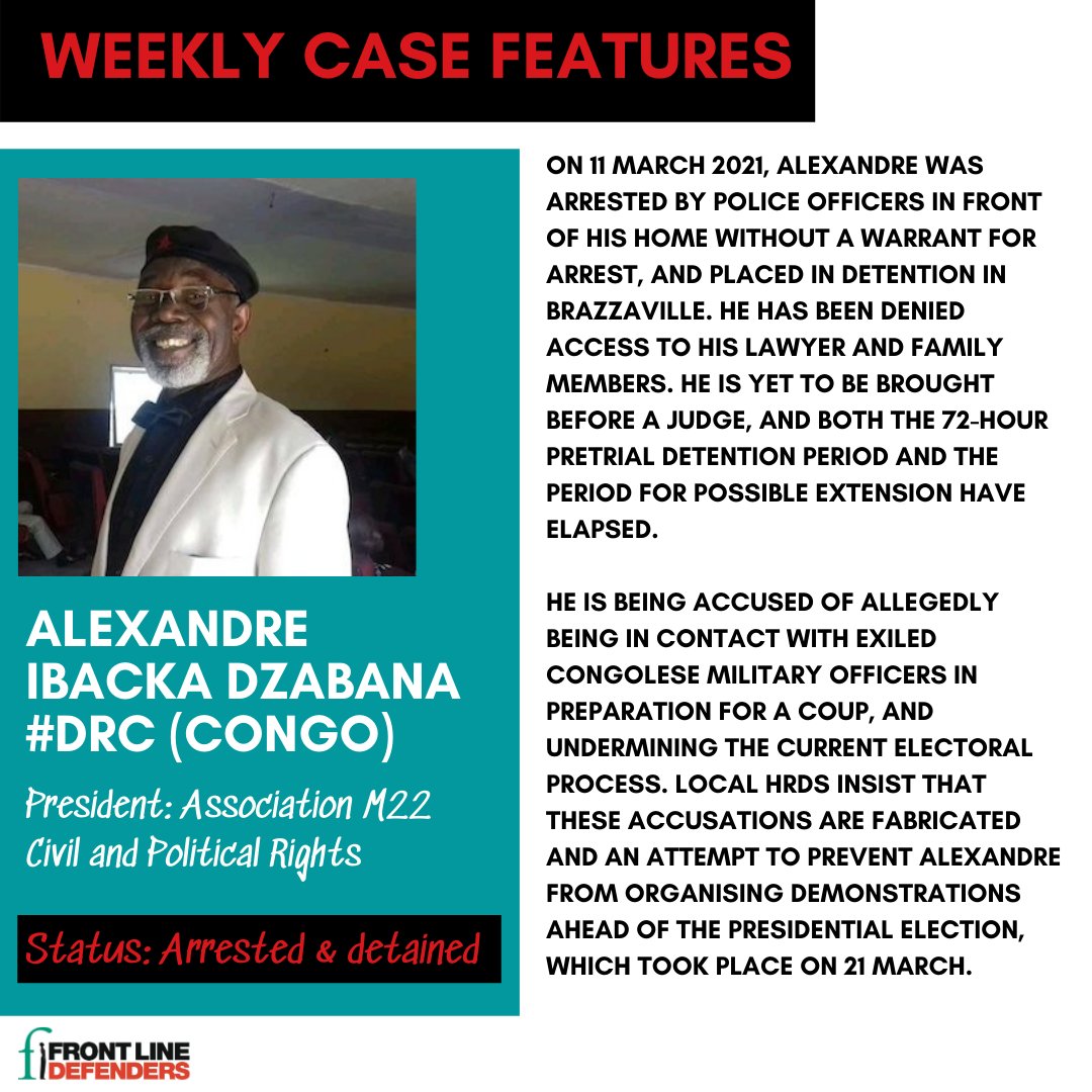 FrontLineHRD's tweet photo. #WeeklyCaseFeatures
Alexandre Ibacka Dzabana was arrested ahead of elections in the DRC which took place on 21 March. He has been detained since his arrest, which local HRDs believe was an attempt to prevent protests ahead of the election.
#FreeAlexandre
https://t.co/UHVFQRnzwp https://t.co/6lCSZTe4Mr