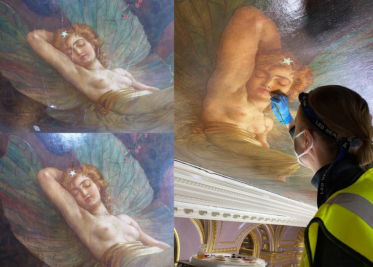 HConservation's tweet photo. Works are continuing @DrapersHall - Lucy obviously has the gentle touch #sleepingbeauty #paintedceiling #conservation #marouflage https://t.co/BQ99AgDug2