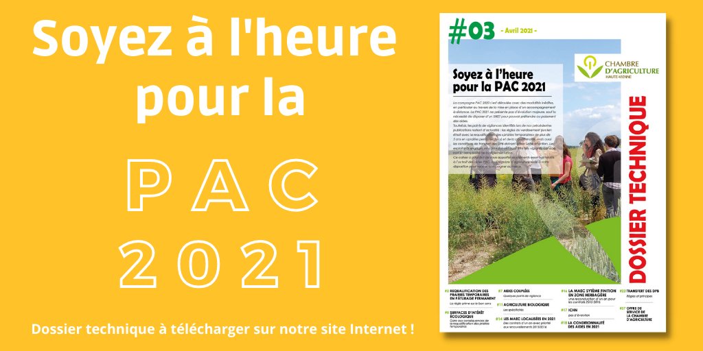 Soyez à l'heure pour la #PAC 2021 !
⚠️ La PAC ne présente pas d’évolution majeure, sauf la
nécessité de disposer d’un SIRET pour pouvoir prétendre au paiement des aides.
💡Le dossier complet sur notre site 👉🏻 cutt.ly/Jx01968