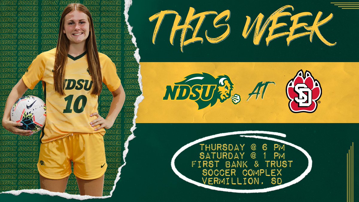 NDSUsoccer's tweet photo. Back on the road this week for two against South Dakota! 

Note: This week's matches will be played on Thursday and Saturday. 

#GoBison 🤘 https://t.co/a0BIGgnWFv
