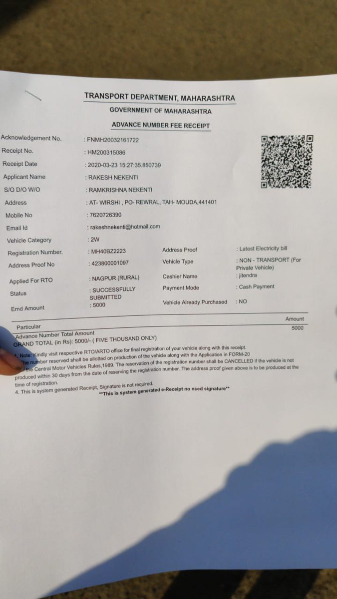 rakeshrelax's tweet photo. @trafficngp I had applied for choice number on 23-03-21 and the day after that there was a national lockdown, I had received my vehicle number on 29-04-21 but the received number was different, now officials are refusing to return my money, I have attached receipt. https://t.co/D9n2rljfql