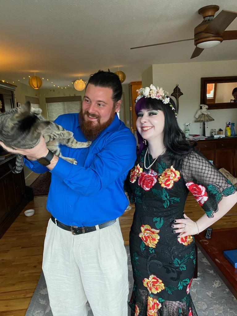 MsBoneFamily's tweet photo. Hey Twitter, @rxn_catalyst and I (a.k.a the raven queen and the handsome caveman) got MARRIED YESTERDAY!!! https://t.co/W8VIrTQSWg
