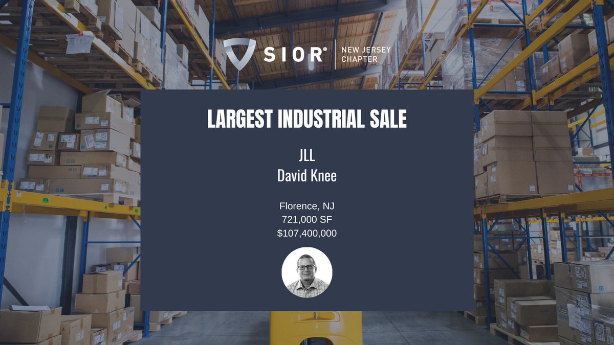 SIORNJ's tweet photo. David Knee of @JLL received the 2020 Largest Industrial Sale award for his work on the $107M sale of the tallest single story distribution center in the northeast - located in Florence, NJ. Congratulations! #commercialrealestate #sior #industrialrealestate https://t.co/tSG9R1ETkf