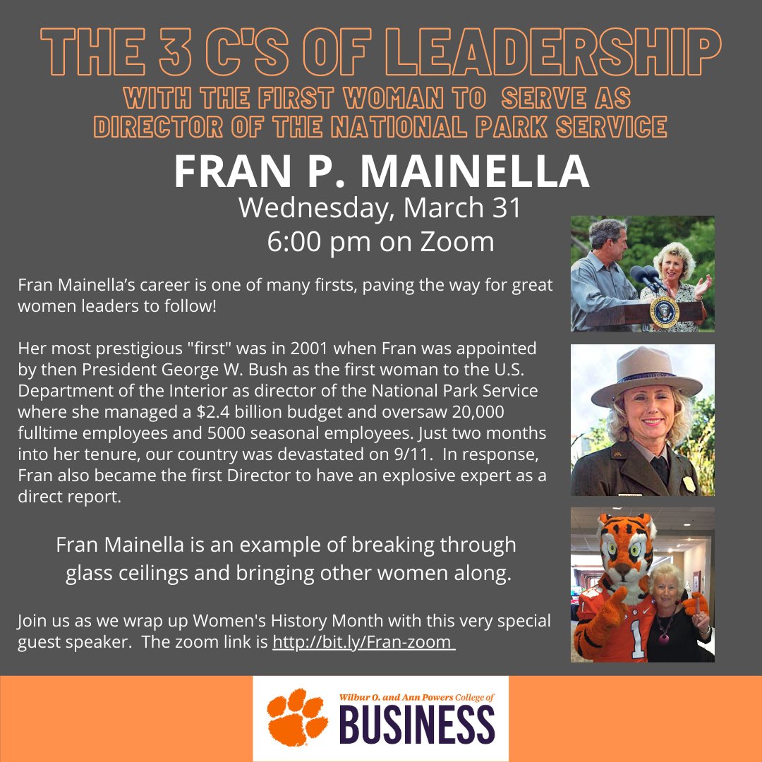 ClemsonPRTM's tweet photo. See Fran Mainella, former (&amp; first female) Director of the @NatlParkService, speak about the 3Cs of leadership on Wed. March 31 at 6 pm to cap off #WomensHistoryMonth2021 - an event brought to you by the @USPlayCoalition &amp; @clemsonbusiness.

Use this link: https://t.co/KH0YaOjt58 https://t.co/PNwvKJaq0T