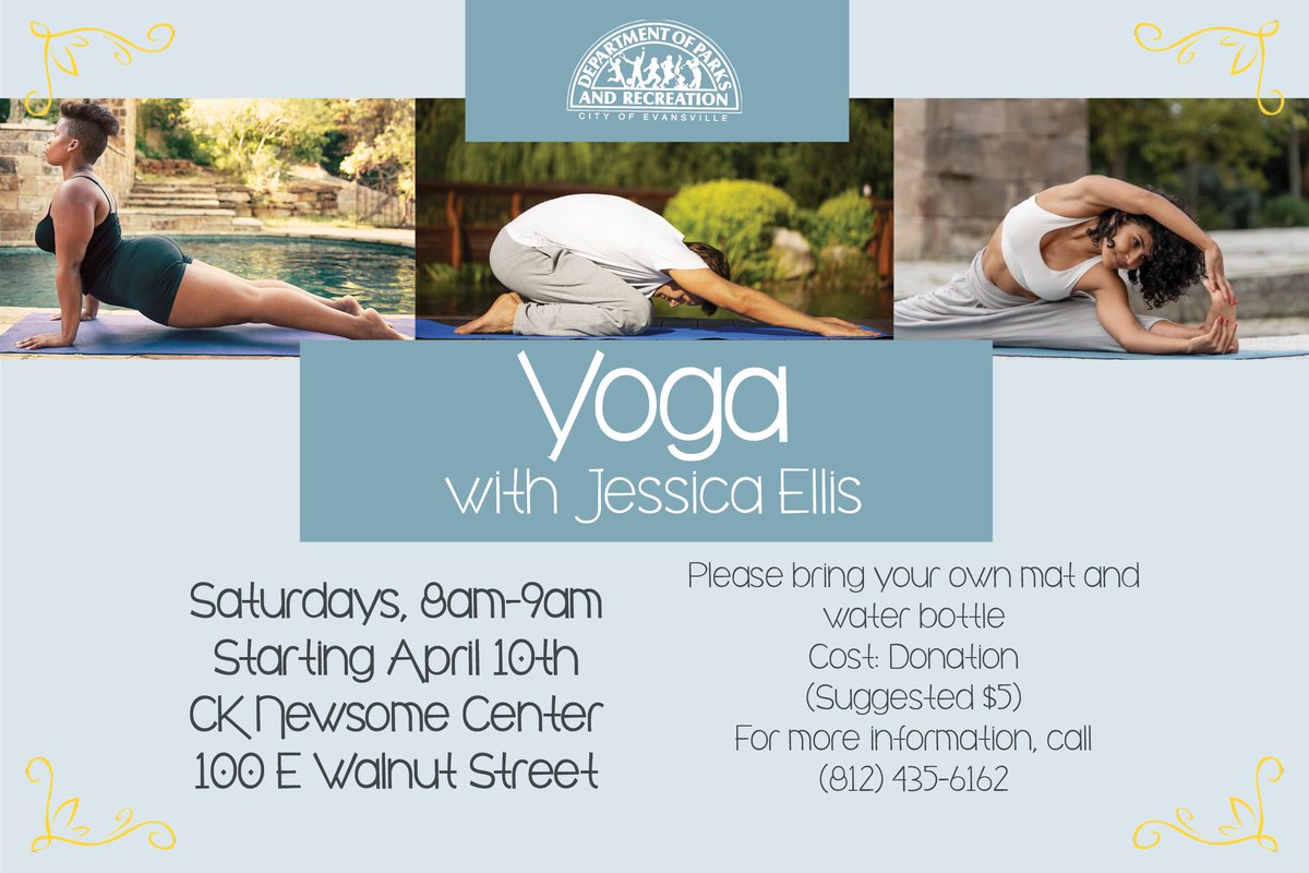 Coming this April to the CK Newsome Center! Find your fit this season with our yoga classes. Please bring your own mat and water bottle.

#yoga #fitness #evvparksandrec