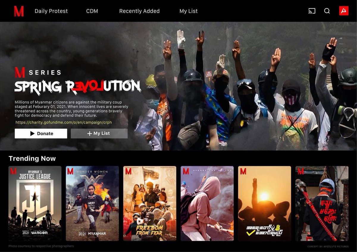 DimpleMariah's tweet photo. An artist made this Netflix theme digital art to promote donation for our elected government @CrphMyanmar.
Spring Revolution series is coming to its final comeback episodes.

Please donate in the link below. 
https://t.co/RL11KAhGBf
#WhatsHappeningInMyanmar  
#Mar29Coup https://t.co/pU0ZcV8K5C