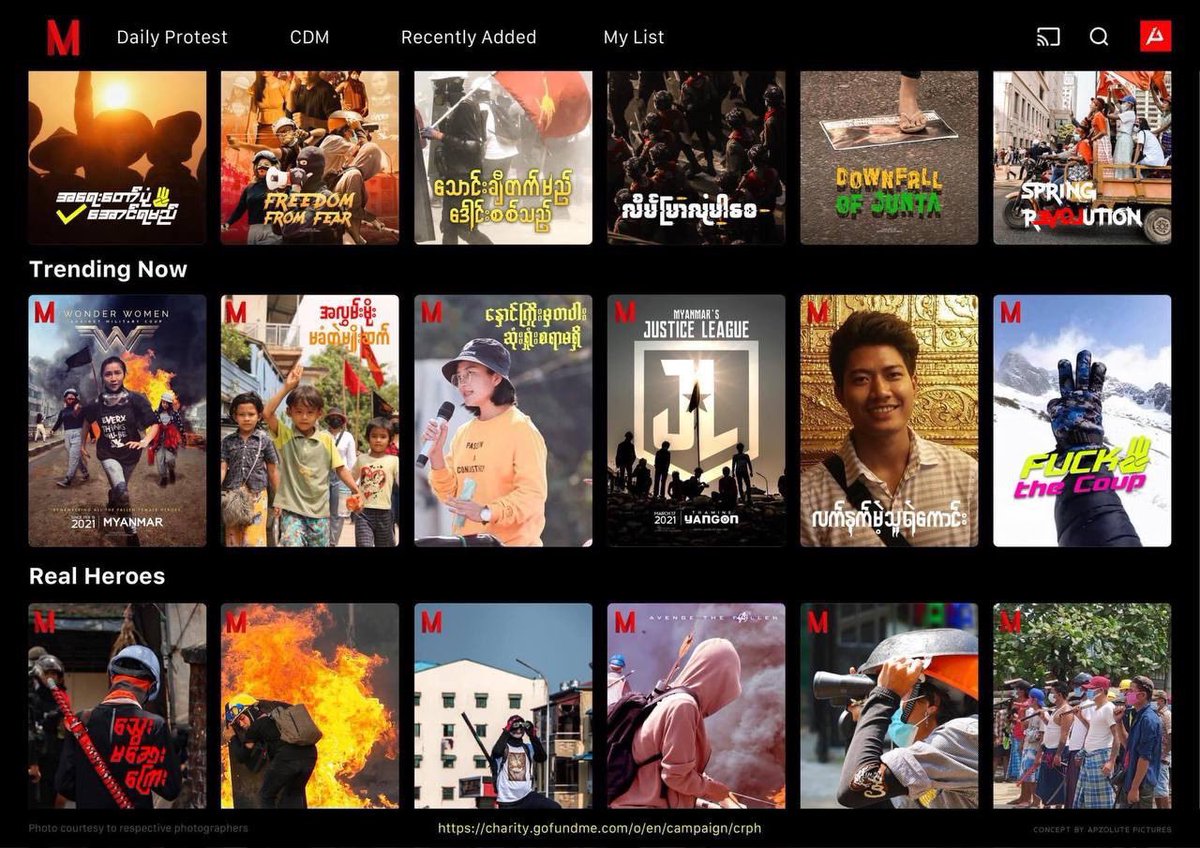 DimpleMariah's tweet photo. An artist made this Netflix theme digital art to promote donation for our elected government @CrphMyanmar.
Spring Revolution series is coming to its final comeback episodes.

Please donate in the link below. 
https://t.co/RL11KAhGBf
#WhatsHappeningInMyanmar  
#Mar29Coup https://t.co/pU0ZcV8K5C