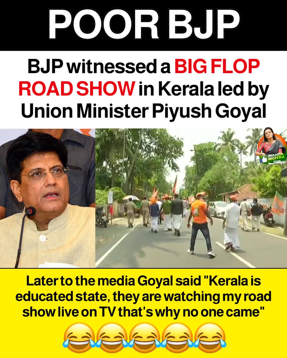 MahuaMoitraFans's tweet photo. In Kerala, No one is coming in BJP’s rallies &amp; road show. 

@PiyushGoyal 

#PoorBJP #KeralaElections https://t.co/adTdwzdWzF