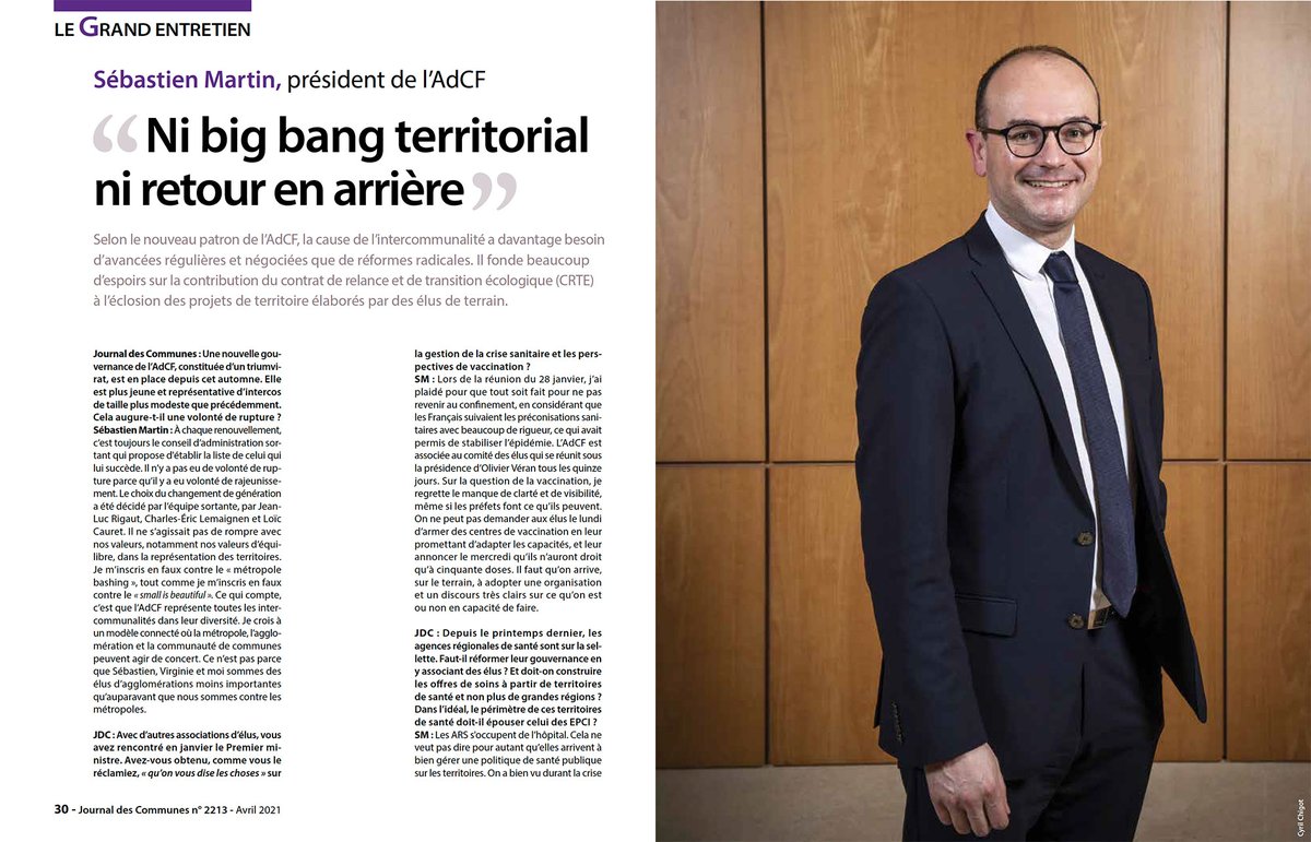 A lire dans l'édition d'avril du <a href="/journalcommunes/">Journal des Communes</a> le Grand Entretien avec <a href="/sbastien_martin/">Sébastien Martin</a> président <a href="/LeGrandChalon/">Le Grand Chalon</a> et @l_AdCF qui veut pour l'intercommunalité plutôt des avancées régulières et négociées que des réformes radicales