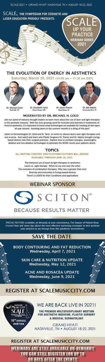 SCALE is back live 2021! You can still register for old webinars up to 90 days after! STILL AVAILABLE Evolution of Energy in Aesthetics. Don't forget! #SCALE #DASIL #WEBINAR #NASHVILLE #MUSICCITY- mailchi.mp/12d4bd612f22/s…