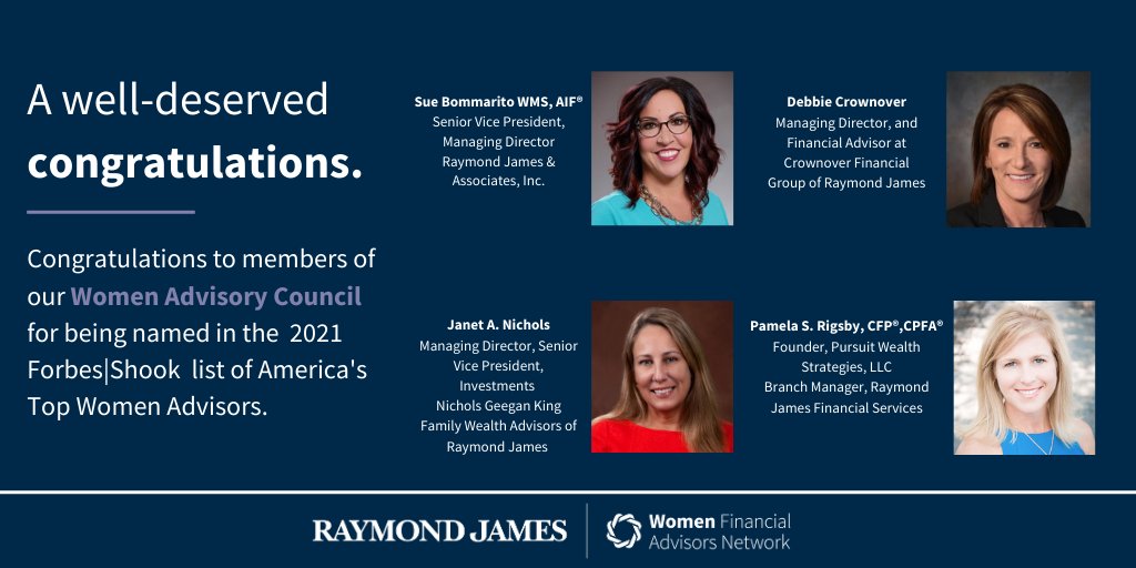 CrownoverGroup's tweet photo. Congratulations to our very own Women Advisory Council members for being named in the 2021 Forbes|Shook list of America's Top Women Advisors! I am proud to sit alongside each of you in the council. #RJWomen #AspiretoGreater https://t.co/1OkgFivn0R