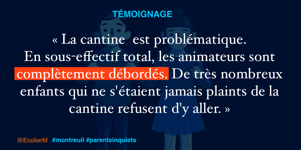 EcolierM's tweet photo. ✏️ Témoignage #ecole @montreuil 

"La cantine  est problématique. En sous-effectif total, les animateurs sont complètement débordés. De très nombreux enfants qui ne s'étaient jamais plaints de la cantine refusent d'y aller."

École Voltaire

@PatriceBessac #parentsinquiets https://t.co/V4B5J7m3pk