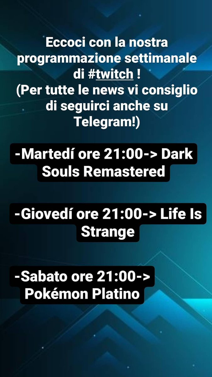 pokettocardu's tweet photo. Twitch Weekly Program:
-Tuesday at 9 pm-> Dark Souls Remastered
-Thursday at 9 pm-> Life Is Strange
-Saturday at 9 pm-> Pokémon Platinum
TWITCH CHANNEL: https://t.co/DeZEq0ZYTd
@promo_streams @TwitchSIE @TwitchSharing #SupportSmallStreamers #twitchaffiliate #twitchsmallstream https://t.co/SbecwixrRb