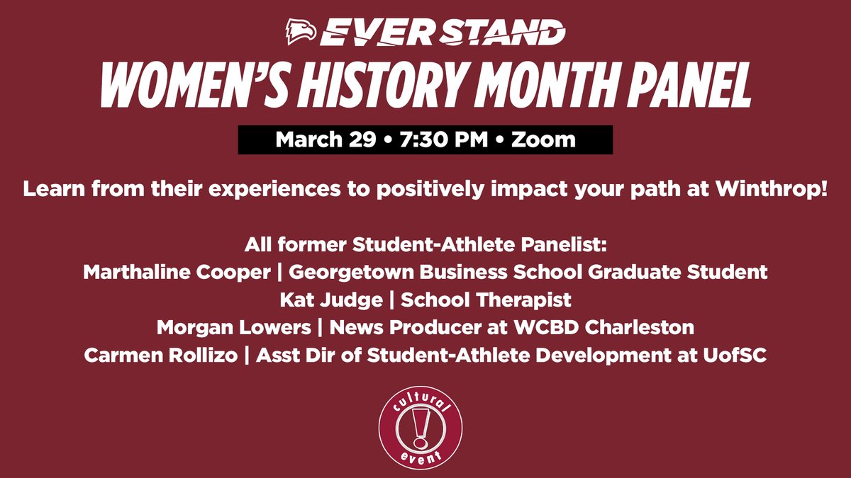 WinthropSAAC's tweet photo. Still time to register for tonight's event!

Join us four our virtual Women's History Month Panel. The event is open to the entire Winthrop community &amp; counts as a cultural event for students!

REGISTER: https://t.co/Vd2YSfz2kw https://t.co/JmU3RiFsvh