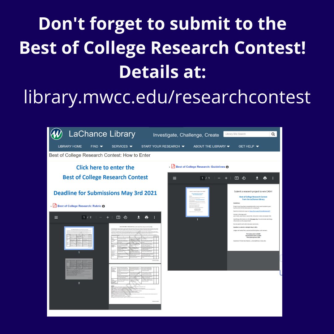 We can't wait to see your research projects! Details here for <a href="/MountWachusett/">MWCC</a> students: library.mwcc.edu/researchcontest