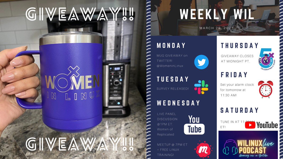 WomenInLinux's tweet photo. π¨ GIVEAWAY π¨
RT for a chance to win our ~fancy~ Women in Linux mug! & make sure to check out the AMAZING events for the week on our weekly WIL!
#Giveaway #WomeninLinux #WomeninTech #TechCareers https://t.co/zmd0yvpWgl