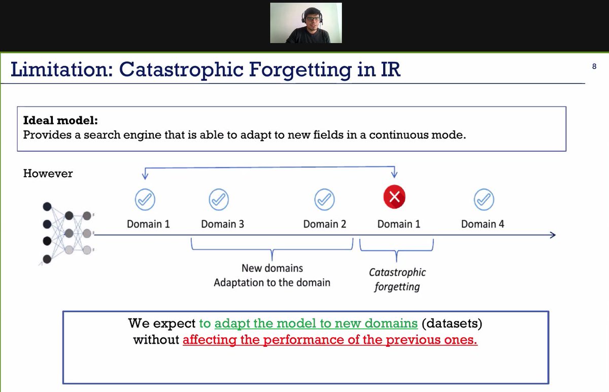 2021Ecir's tweet photo. @2021ecir Studying the Catastrophic Forgetting Problem in #NeuralRanking Models.
Speaker Jesus Lovon @jeslev4
Now on #Session3A NeuralIR
Chair Fabrizio Silvestri @fabreetseo
#ECIR2021 https://t.co/tk5oVza6ae