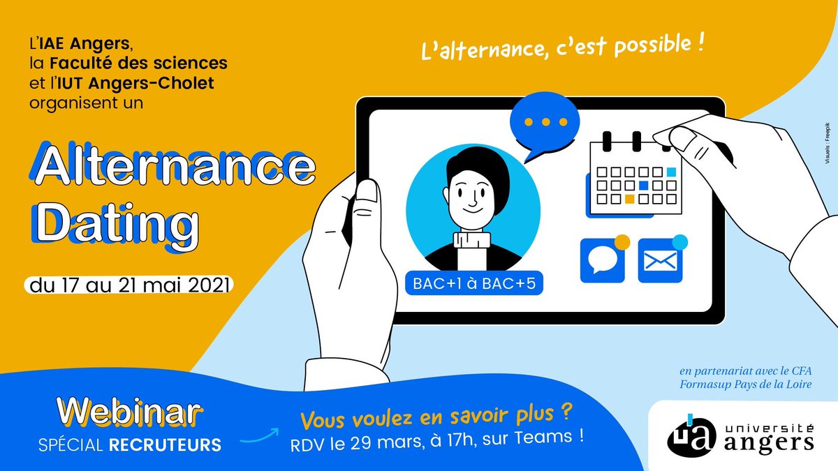 IAEAngers's tweet photo. [ALTERNANCE]
Entreprises, vous cherchez un·e alternant·e pour la rentrée ? 🎯🕵 ​💼
L'#IAEAngers, l'@IUTAngersCholet et la Faculté des sciences @UnivAngers organisent un #AlternanceDating du 17 au 21 mai prochain !
RDV à 17h sur Teams pour en savoir + : https://t.co/dcCpZF7NlK https://t.co/kOJY6Ioe5Y