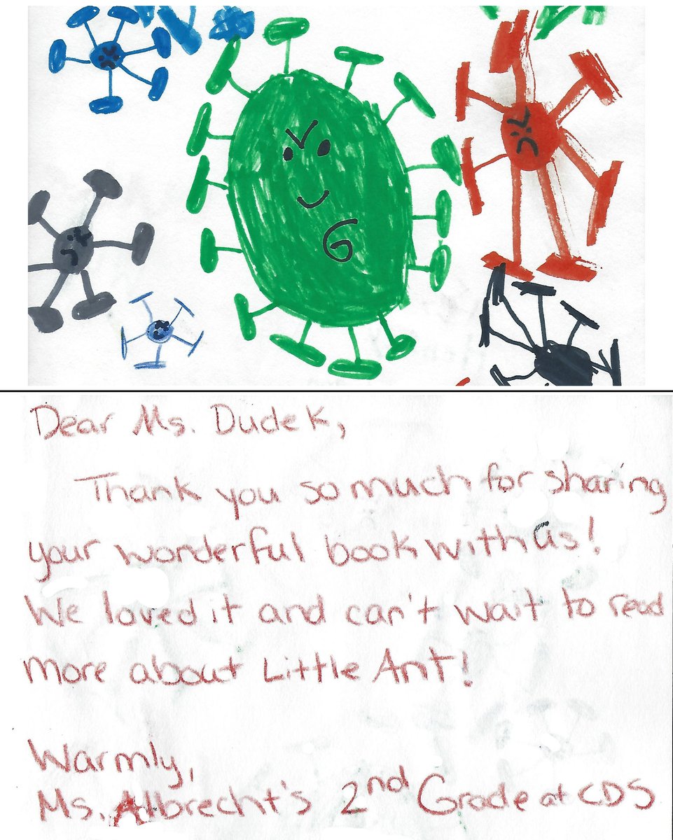 IleneDudek's tweet photo. The best Thank You card on earth! The kids at @ChathamDay School made this for me after my story time the other day. I absolutely love it! Check out those germs!! ❤ #storytime #VirtualEvents #authors #Illustrator #thankyou https://t.co/ZWArBJLTvV