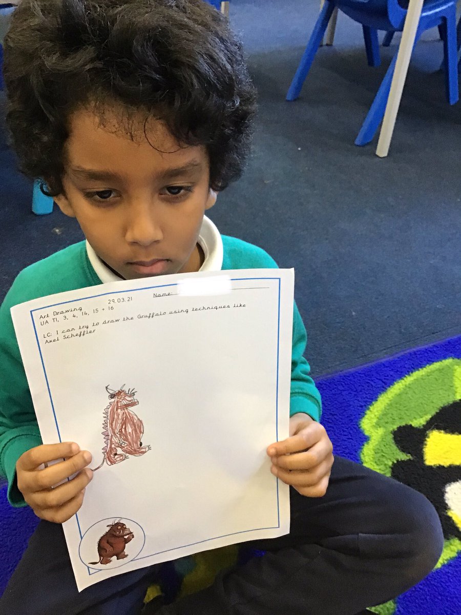 LarkHallPrimary's tweet photo. For our Julia Donaldson topic, Year 1 talked about different illustrators and drew Gruffalo pictures just like Axel Scheffler. We used this video to help us: https://t.co/IbljY3Djve. We had to use our noticing, creativity and perseverance muscles #lhua #lhalbert #lhblp https://t.co/qAPlZziuib