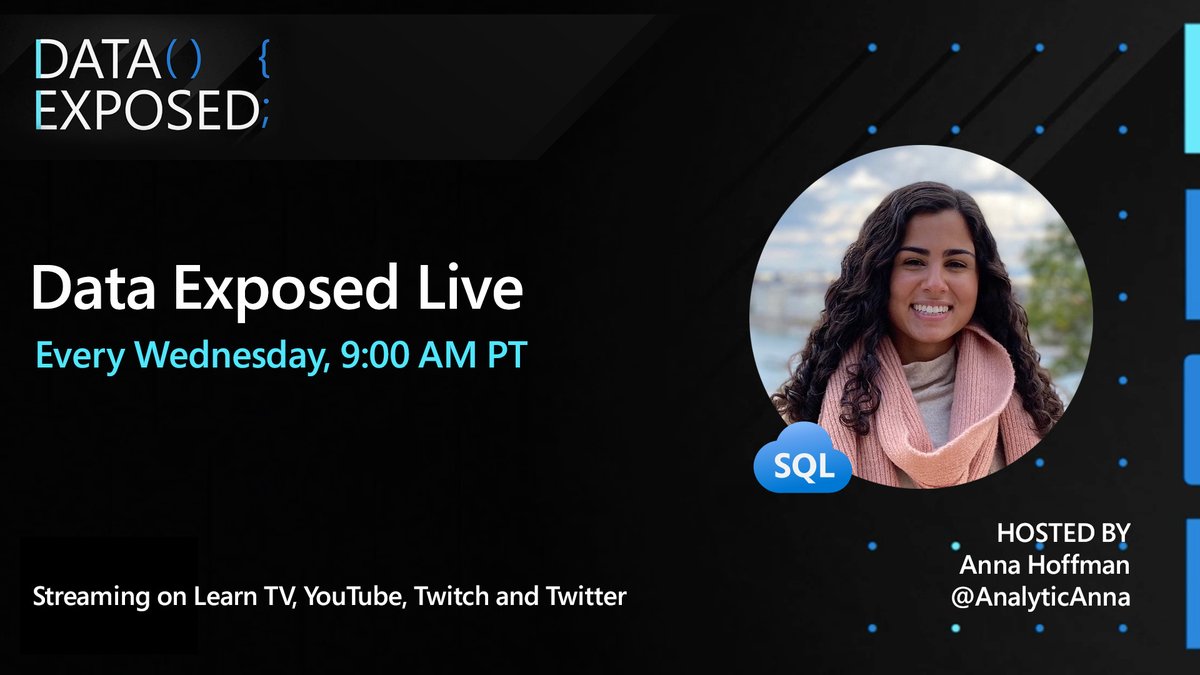AzureSQL's tweet image. Never miss another #DataExposed Live episode again with this 📅 reminder: bit.ly/2WtkHbm
We're 🔴LIVE every Wednesday on 9:00 AM PT on #LearnTV.
