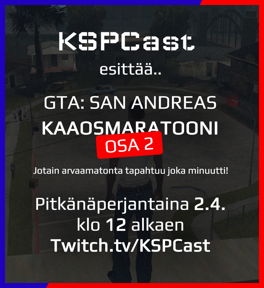 kspcast's tweet photo. Perjantaina tapahtuu kun GTA: San Andreasin Chaos Modin pelaus jatkuu taas! Ainakin 24h suoraa aivojen menetystä, ota pääsiäisenä suunnaksi: https://t.co/5uOXmcVH1V https://t.co/9BPgcSODvs