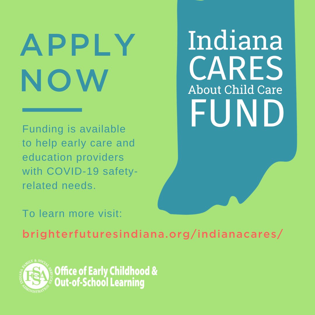 Indiana CARES About Child Care is a grant fund for Indiana child care providers to help with their COVID-19 safety expenses. Learn more and apply at bit.ly/3t1fJRY.
