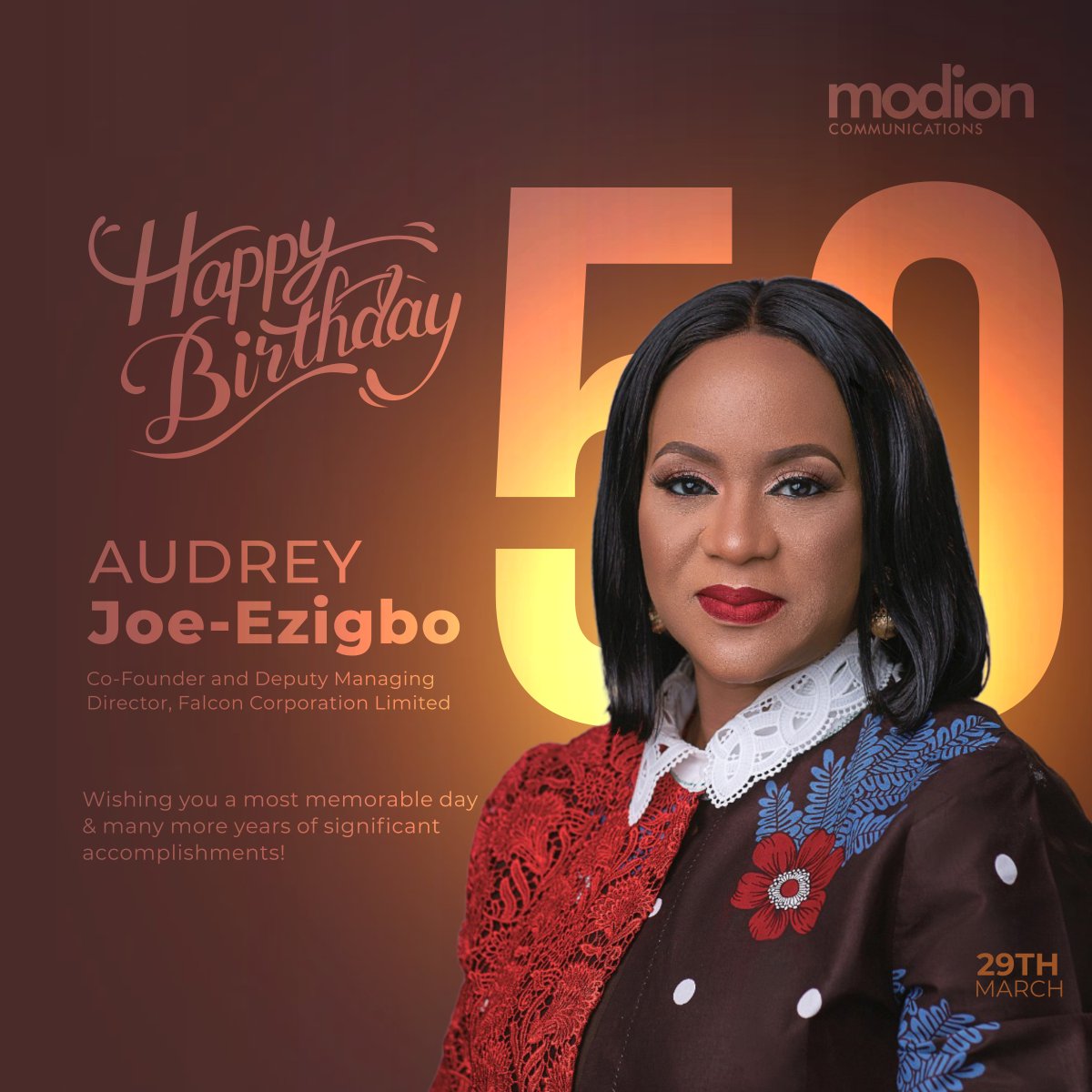 creatourban's tweet photo. Happy 50th birthday to @AudreyJEzigbo, erstwhile President, @Nig_Gas_Assoc & Co-founder, DMD, #FalconCorporation.
You have shown commitment to local capacity development and supported creatives to thrive. Cheers to a new age. ๐
#ModionFamily https://t.co/kQOyFRpOTY