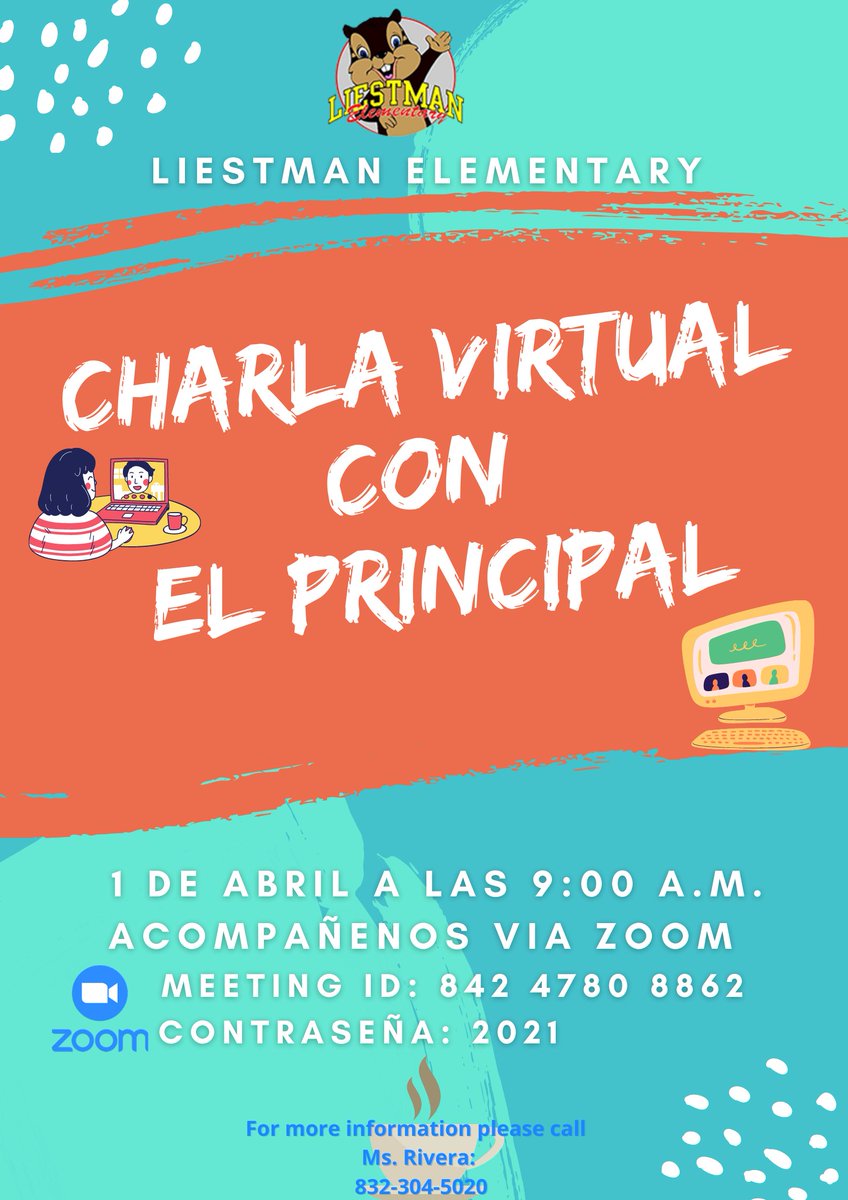 LiestmanES's tweet photo. Join us for a Virtual Chat with the Principal on Thursday, April 1st @9:00 am. https://t.co/DU29Bz1ou3