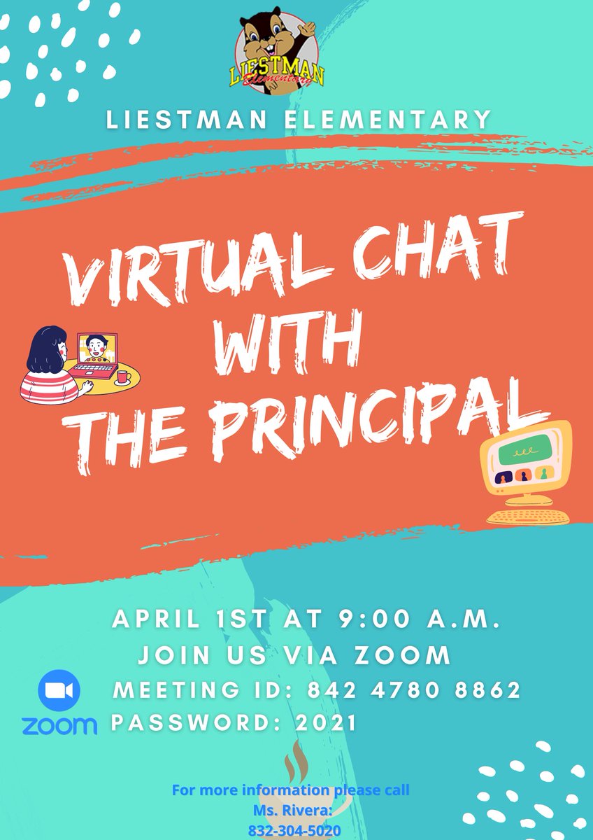 LiestmanES's tweet photo. Join us for a Virtual Chat with the Principal on Thursday, April 1st @9:00 am. https://t.co/DU29Bz1ou3