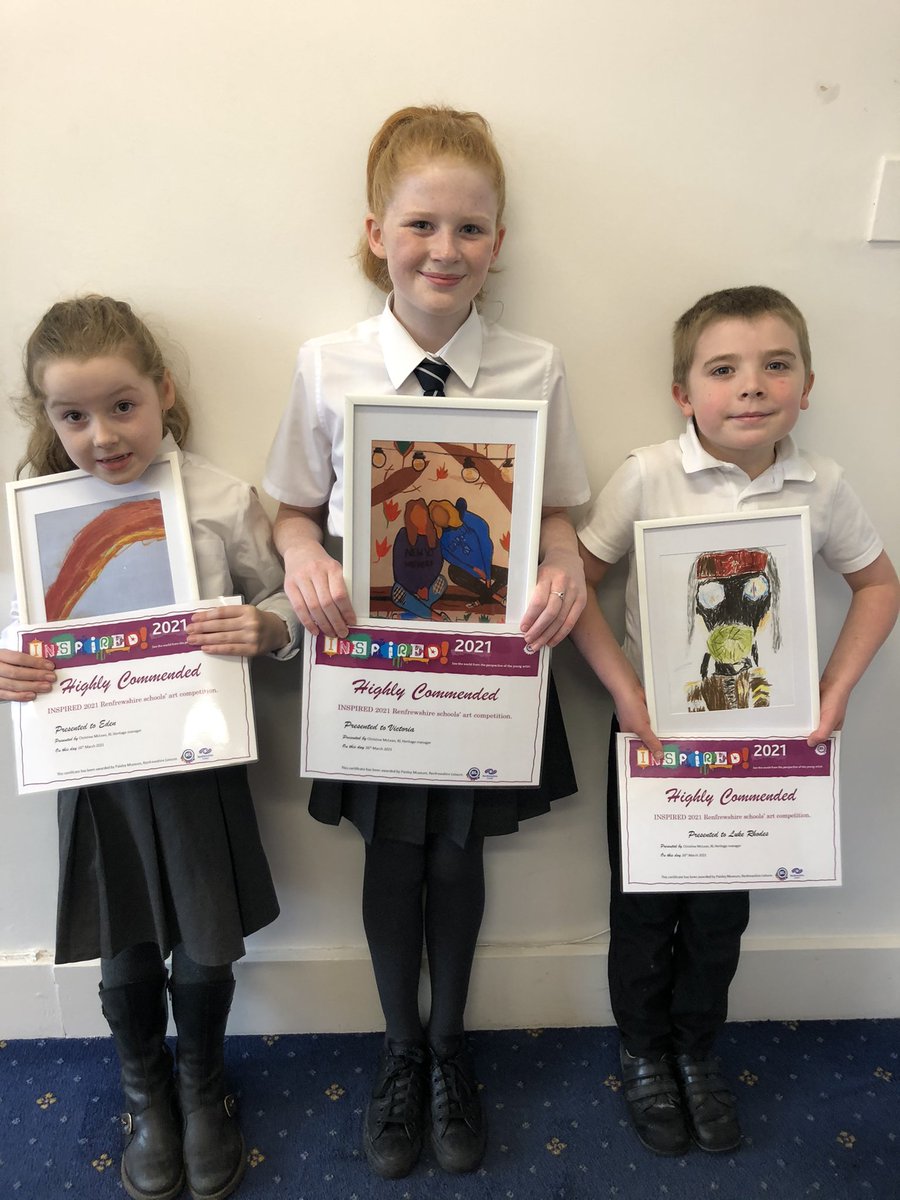 Congratulations to 35 of our pupils who are having their art work displayed online as part of @RL4Leisure Inspired Art Competition. Huge well done to 3 pupils who received a Highly Commended Award. Very proud of you all! See the work online at Renfrewshireleisure.com/inspired-exhib…