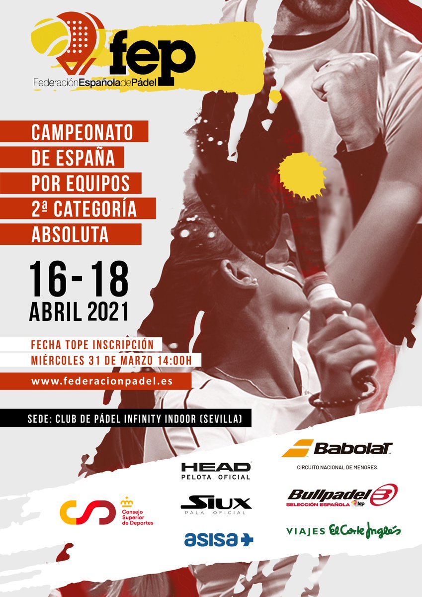 padelfederacion's tweet photo. 🏆Campeonato de España por Equipos de 2ª
🟥 La batalla por el ascenso y la pelea por evitar el descenso en una misma competición
🟨Del 16 al 18 de abril en @infinityindoor de #Sevilla
🟥Inscripciones abiertas el 31 de marzo

📝 https://t.co/DUOWXvyn2C

#FEP #CEEquipo2ª #padel https://t.co/O4rHUv5s5G