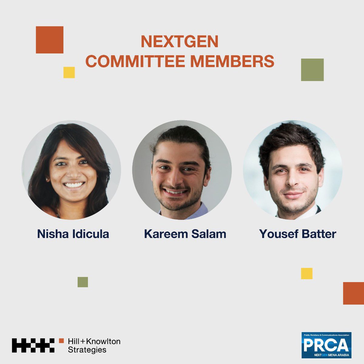 HK_METIA's tweet photo. A shout out to our H+Kers Nisha Idicula, Kareem Salam and Yousef Batter who are now a part of the NextGen Arabia and NextGen MENA committees, by @PRCA_MENA. We’re looking forward to see their involvement with more exciting innovations in our industry very soon! @HKStrategies https://t.co/4BUAxSdAmr