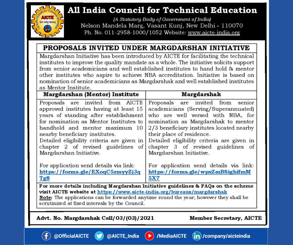 AICTE_INDIA's tweet photo. Proposals are invited under #Margdarshan initiative by #AICTE for facilitating #technical institutes to improve #quality mandate as a whole by nomination of senior #academicians as #Margdarshak &amp; well established #institutes as #Mentor Institute.

Details: https://t.co/FN5COyauDj https://t.co/7nDn0wfFDj