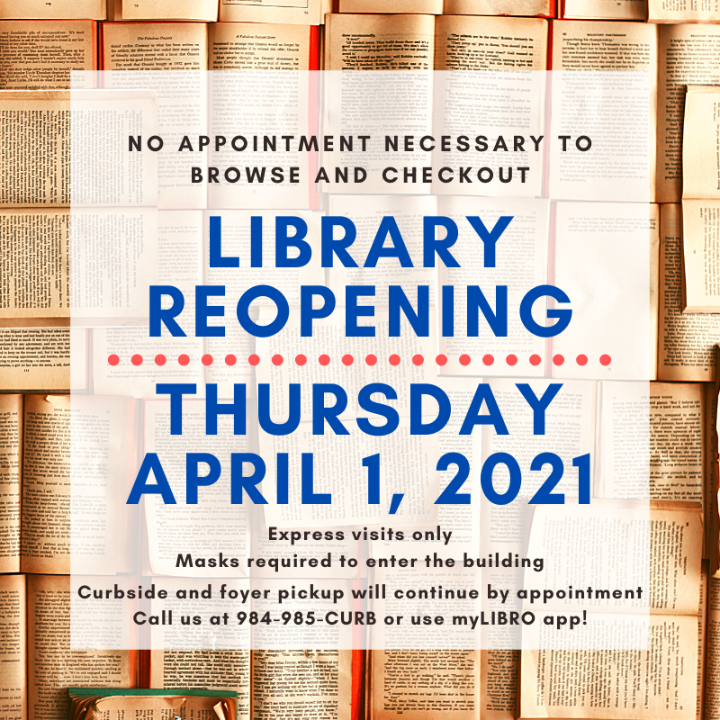 PLJCS1's tweet photo. This Thursday, April 1, the library will reopen without appointments for browsing and checkout!  We have also modified our current business hours to the following:
Mon-Wed, Fri:  9 AM - 5:30 PM
Thurs:  9 AM - 7:30 PM
(Closed 4/2 for the Easter holiday) https://t.co/9IbDiPllWq