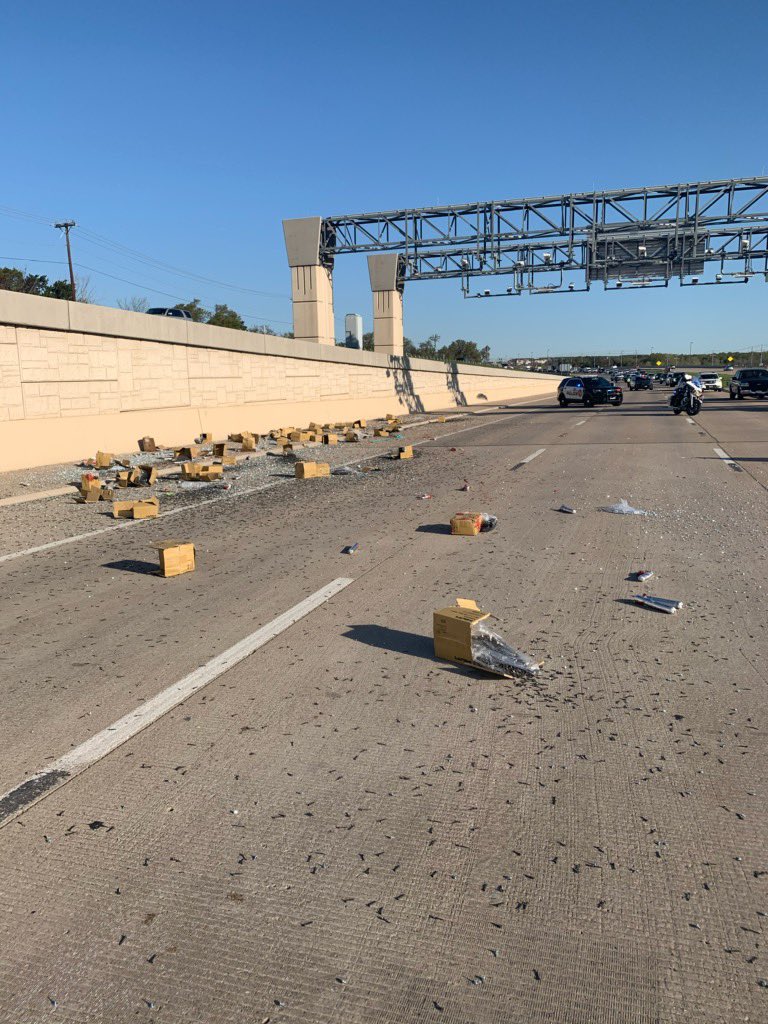 CedarParkPD's tweet photo. This situation is really “screwed up” — but all jokes aside, please avoid the area as crews cleanup all these screws! Roadway could be blocked for a few hours. https://t.co/pOT2fabuj5