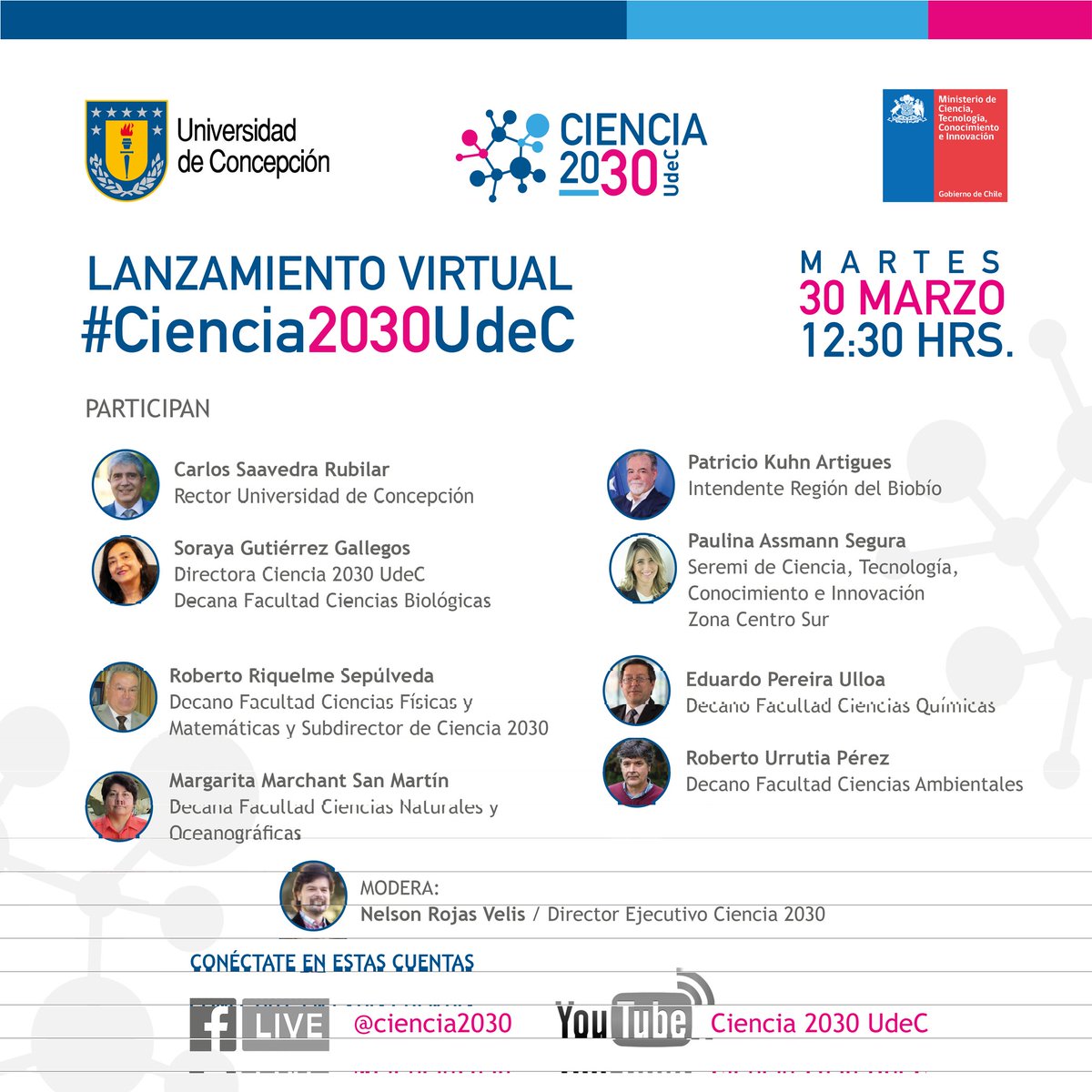 ciencia2030udec's tweet photo. 📌 #AgendaUdeC MAÑANA #Lanzamiento #Ciencia2030 12.30hrs vía #FacebookLive en estas páginas: 
👉Ciencia2030 
👉CienciasbiologicasUdec
También Vía #YouTube síguenos Aquí: https://t.co/O3cCr2k2BM
@udeconcepcion @cidereb @forestalesudec @centroeula @FCQUdeC @CFMUdeC @NaturaUdec https://t.co/G6FOXpD1H5
