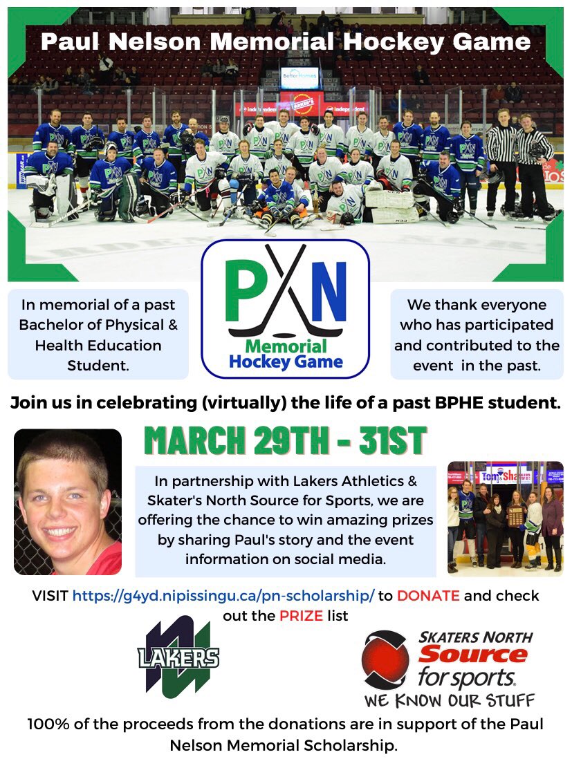 The Paul Nelson Memorial Hockey Game is going virtual this year. Paul was a @nipissingu BPHE student tragically killed responding to a volunteer fire call. 100% of the donations go to the scholarship in his honour. Donate at g4yd.nipissingu.ca/paul-nelson-me… or RT THIS to WIN great prizes
