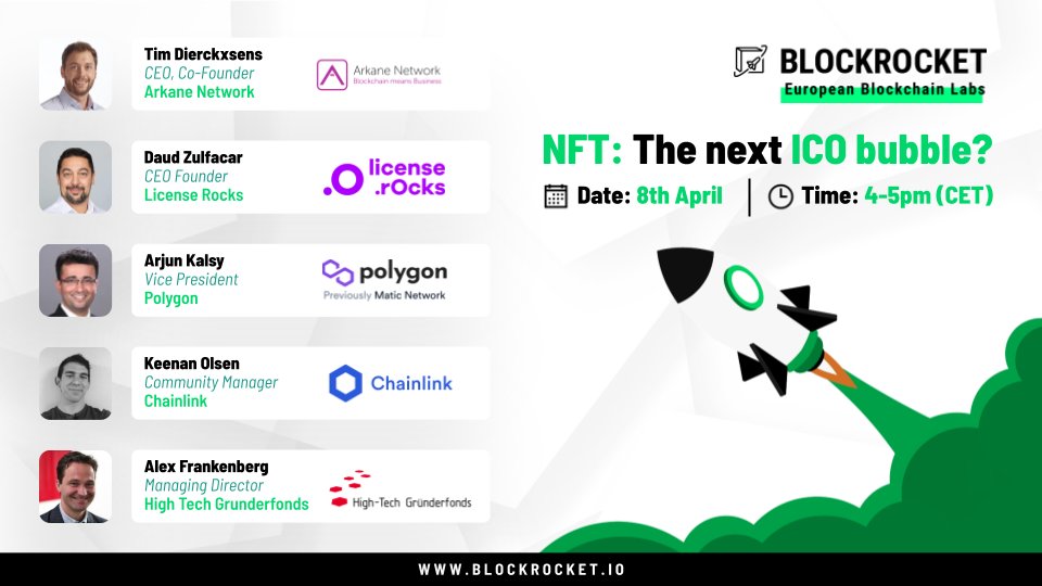 blockrocketvc's tweet photo. Join us for an exclusive event featuring lively discussion about the future of NFT. 

Limited tickets only🔥Register now https://t.co/0WxtIbmcE6

@chainlink @0xPolygon @licenserocks @NetworkArkane 

#blockchain #crypto #cryptocurrency #startups #nft #venturecapital #event #online https://t.co/6LBbiqW2oh