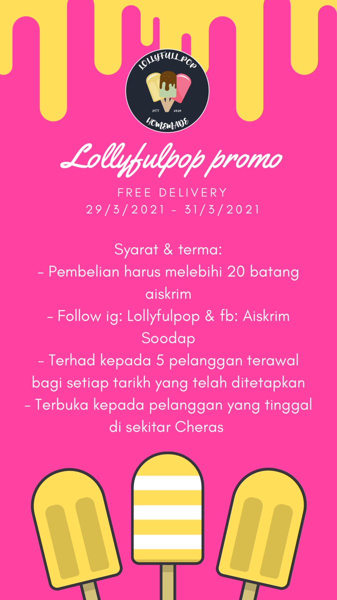 QilaYakin's tweet photo. PENGHANTARAN AISKRIM PERCUMA 😍

Siapa nak sila angkat tangan skrg 🙋🏻‍♀️

Lollyfulpop buat promosi penghantaran percuma bermula 29/3/2021 sehingga 31/3/2021 ni gais!! https://t.co/9WiNZOuBHj