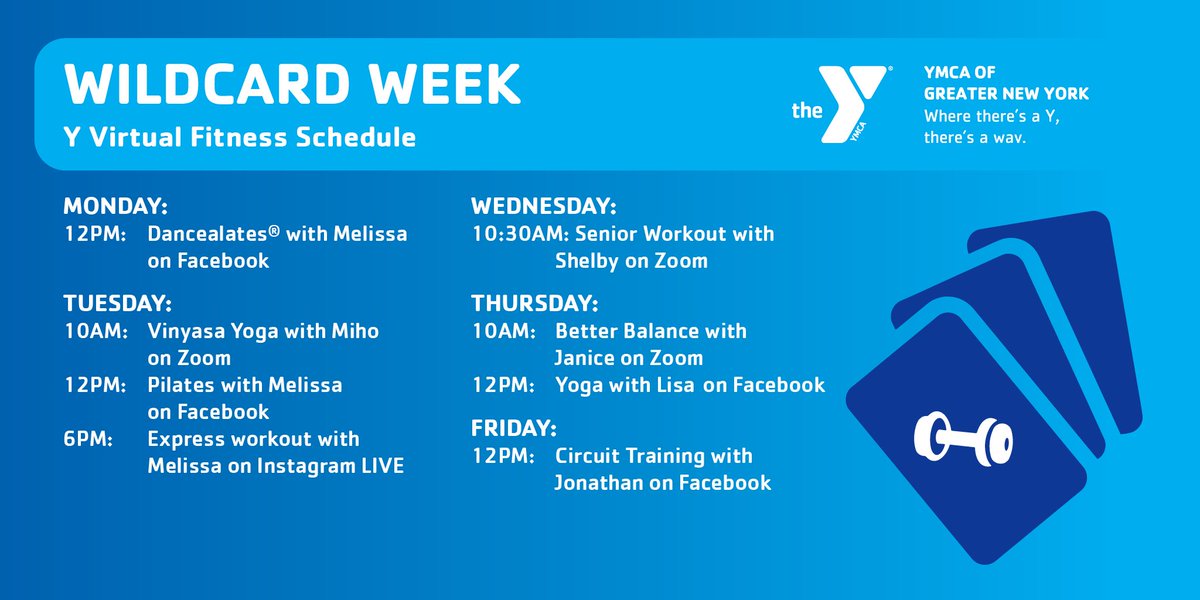 Things are getting a little wild this week. It’s wildcard week! Our instructors will be picking their favorite class theme to get you moving. Don’t miss out on your favorite instructors &amp; your favorite workouts this week! ymcanyc.org/ymca-home #VirtualWorkouts #VirtualFitness