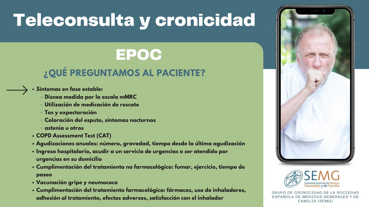 SEMG_ES's tweet photo. La #pandemia ha obligado a transformar las consultas de #AtenciónPrimaria, obligándolas a apostar por la #teleasistencia
El Grupo de #Cronicidad SEMG recopila los puntos que debemos ✔️ a la hora de hablar por ☎️ con #pacientes con #asma, #EPOC, #diabetes e #insuficienciacardiaca https://t.co/Y2YrQ7qcpr